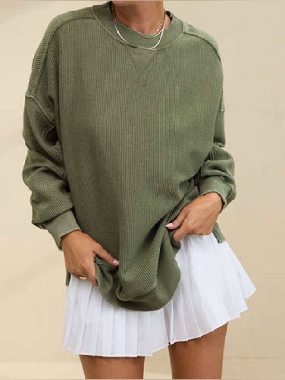 Aerie Big Chill Textured Crew Sweatshirt Olive Green - Medium